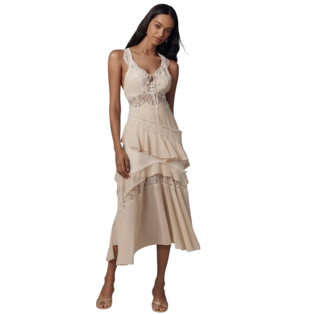 By Anthropologie Sleeveless Keyhole Tiered Lace Midi Dress